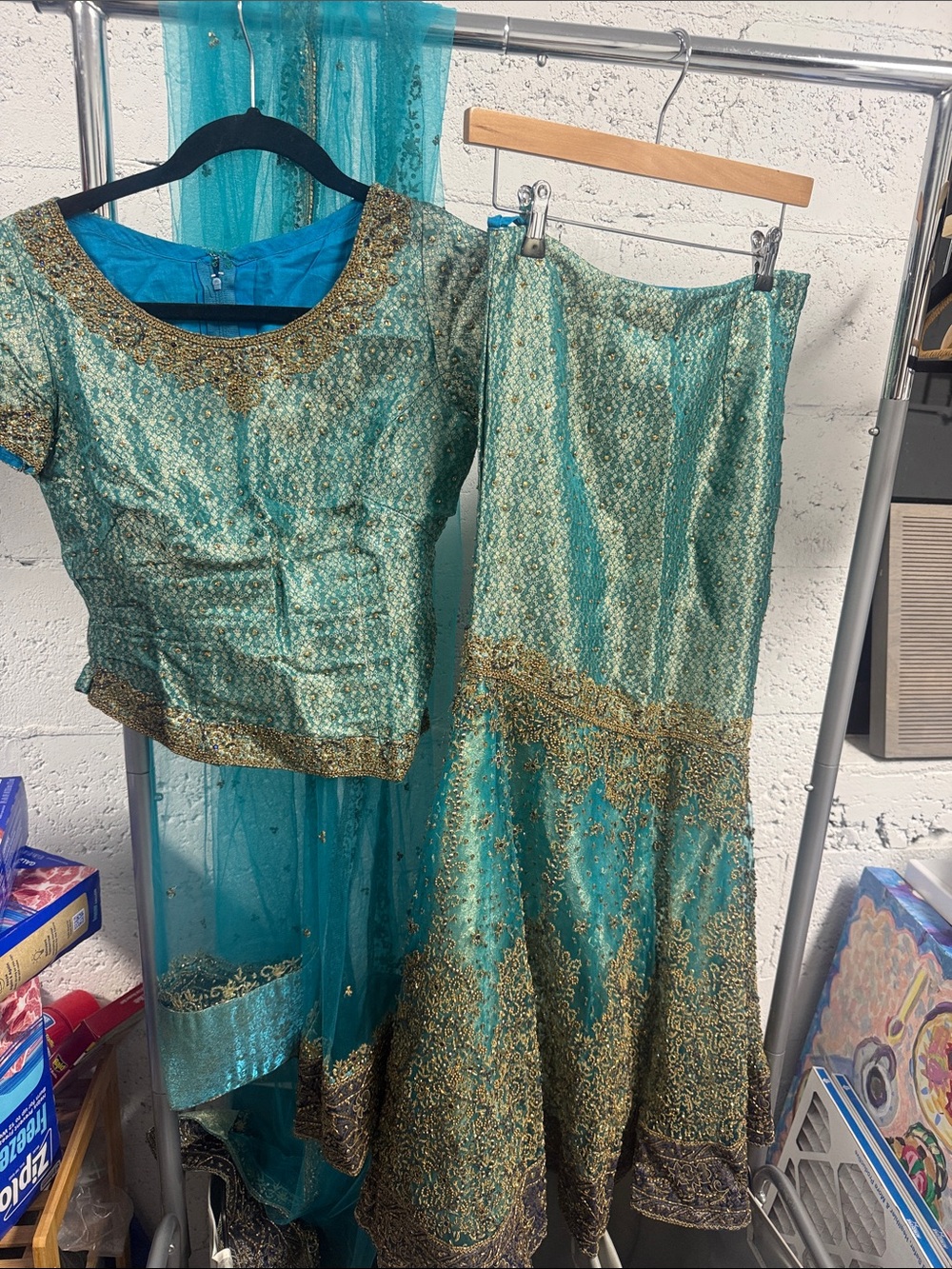 Silk Embroidered Sequin 3 Piece Set Maxi Skirt Teal & Gold, Top & Shall HANDMADE